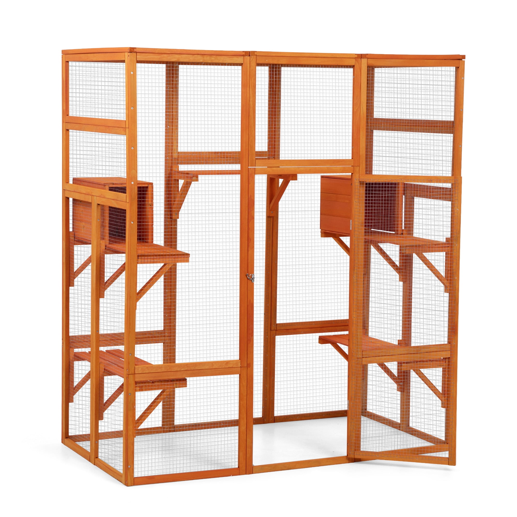 Pefilos 70" Outdoor Wood Cat House, Catio Kitty Enclosure Large Cat Cage Condo Playpen with Platforms and Small House, Orange
