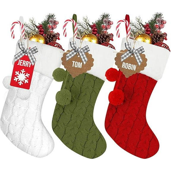 RFAQK Personalized Christmas Stockings -Set of 3 with 50 Pcs Name Tags, Large Xmas Stockings for Christmas Decorations - Fireplace Hangings for Family Holiday, Farmhouse and Home Décor