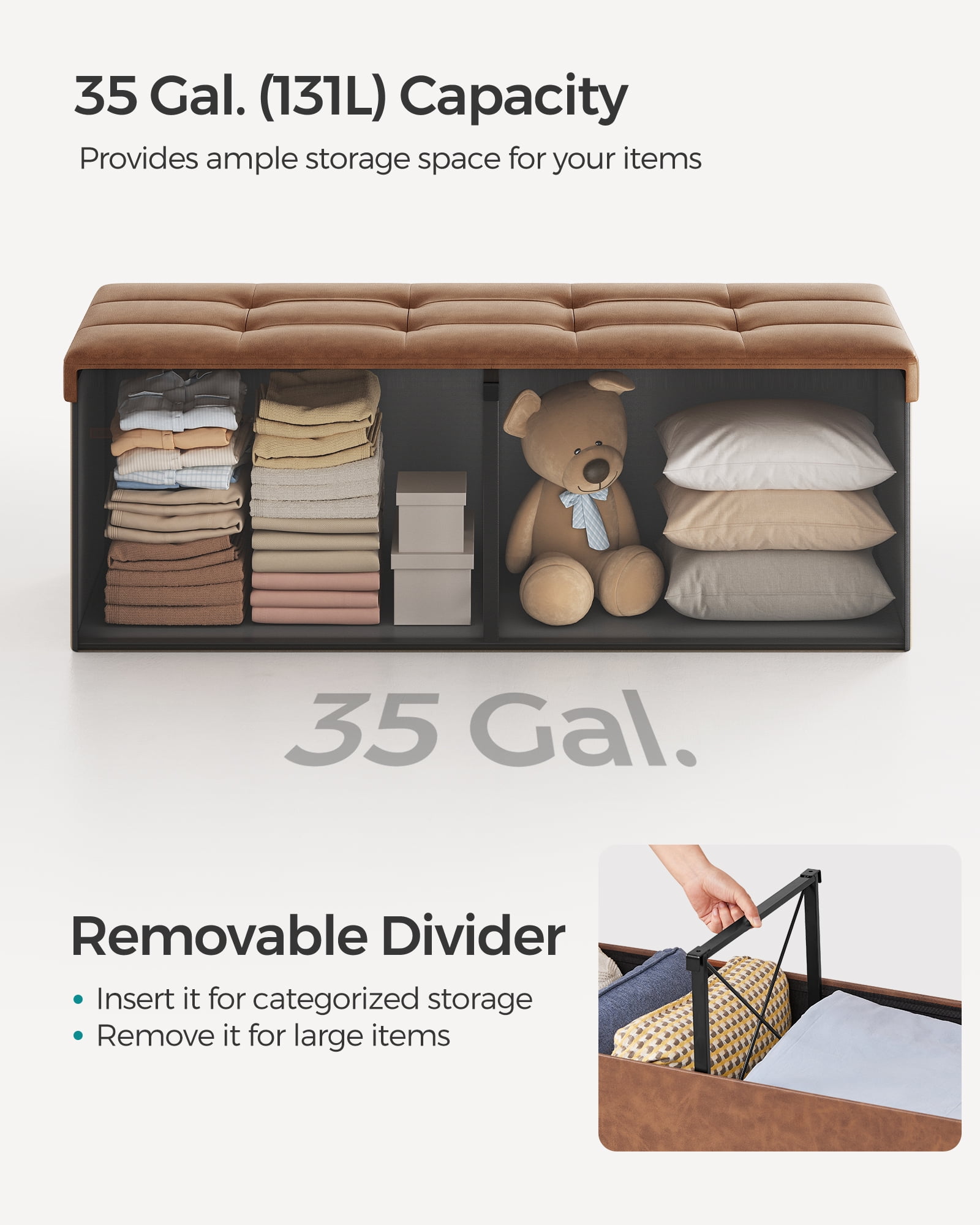 SONGMICS 43" Storage Ottoman Bench Folding Leather Ottoman Storage Footrest Hold up to 660lb Coffee Brown