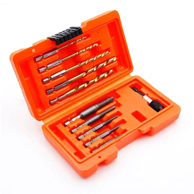 Ensemble de 11 Extracteurs de Vis et Support de Perceuse pour Enlever les Clous Cassés et les Boulons