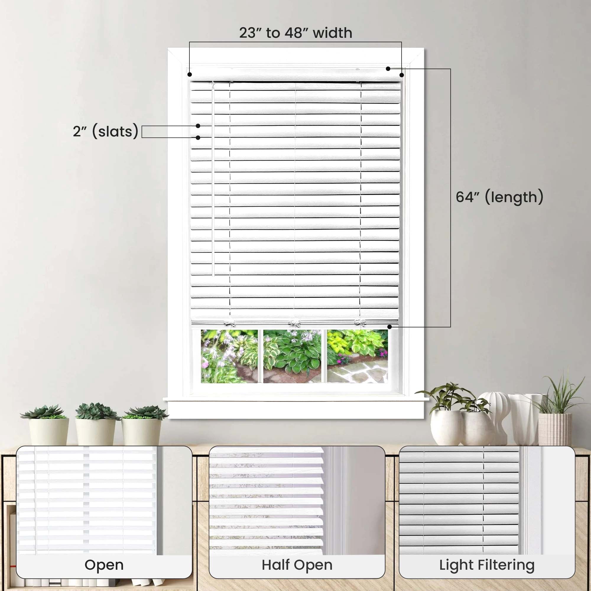 PowerSellerUSA Cordless Window Blinds, 2" Slats Vinyl Mini Blind, Premium Embossed Woodgrain, Anti-UV Window Treatment, White, 43" Width x 64" Length, (Fits windows 23" - 64")