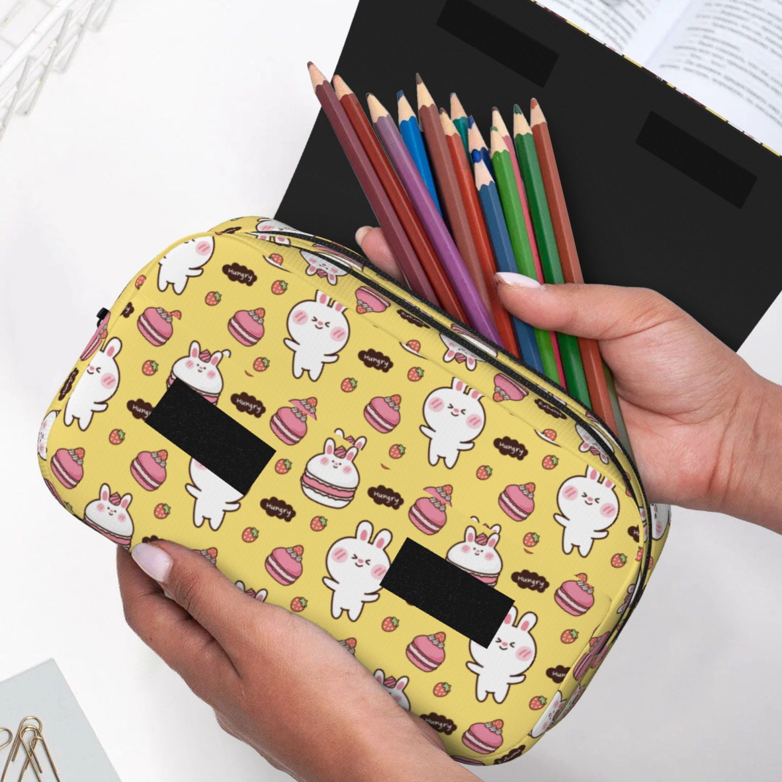 Rateoe Rabbit Hunger Pattern Double Clamshell Pen Case, Storage Organizer with Two Zipper Compartments– Holds Up to 50 Pencils & Pens