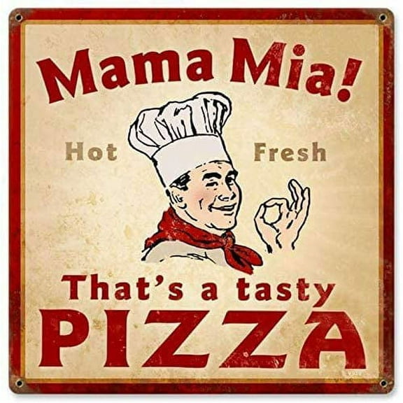 Tin Signs Vintage Mama Mia Pizza Metal Sign 12 x 12 Inch Poster Plate for Kitchen Shop Man Cave Indoor Cafe Room Wall Decor