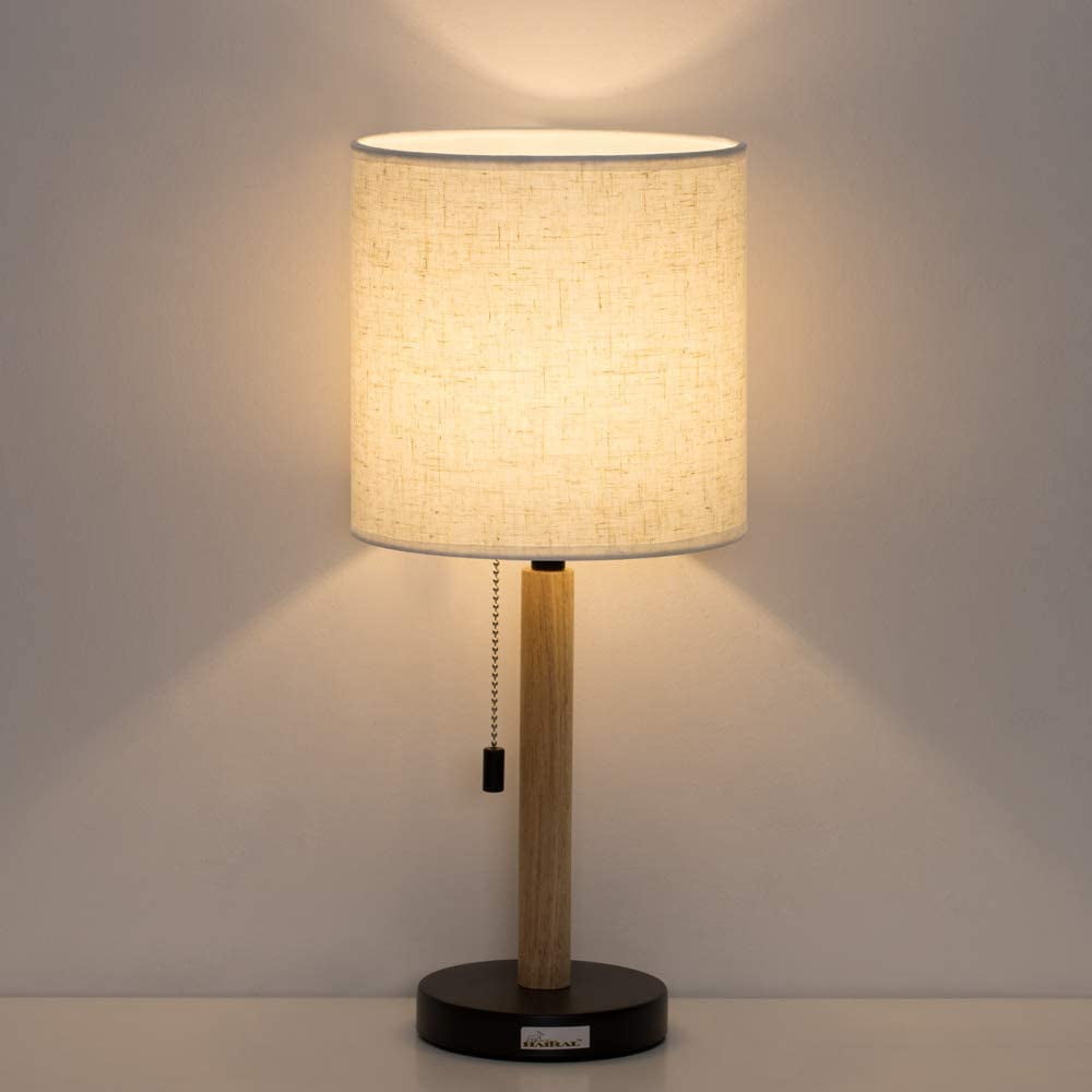 HAITRAL Bedside Table Lamp Wooden Nightstand Lamp with Pull Chain