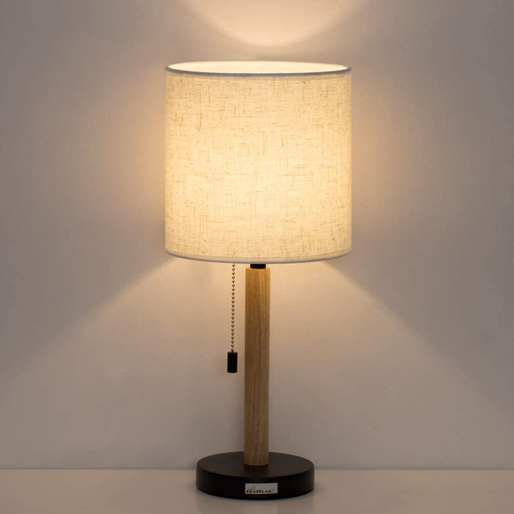 Haitral Bedside Table Lamp - Wooden Nightstand Lamp with Pull Chain