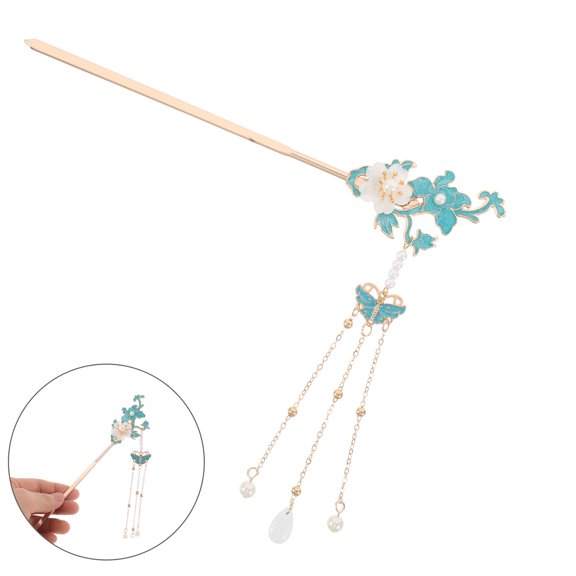 Raindrops Blue Floral Metal Hairpin for Women's Lightweight Decorative Chinese Hair Jewelry for Traditional Occasions Size 7.5 inches