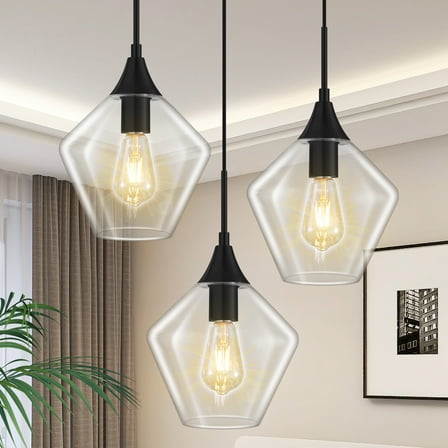 Deyidn 9-inch Adjustable Black Pendant Light with Glass Shade, Set of 3, Modern Hanging Chandelier for Kitchen Island, Dining Room, Entryway, Bedroom