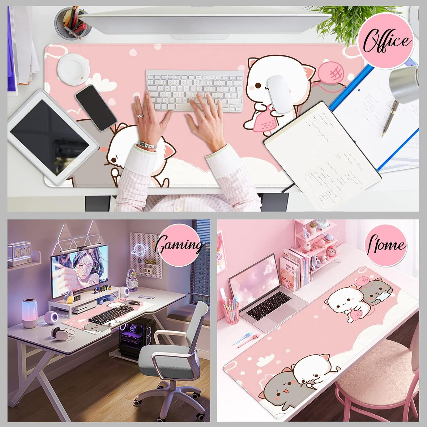 Pink Mouse Pad Cat XXL Kawaii Gaming Mouse Pad Animal Theme 35.4x15.7 inch Gift for Women,Pink Desk Accessories with Personalized Design for Laptop, Computer PC (Pink Cat -2)
