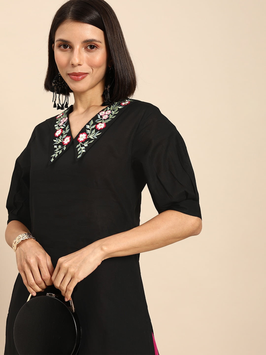 Anouk - By Myntra Kurti Set For Women Indian Style V-Neck Black  Colourblocked Pure Cotton Calf Length Empire Sequinned Kurta with Trousers  Kurti Set Party Wear - Walmart.com
