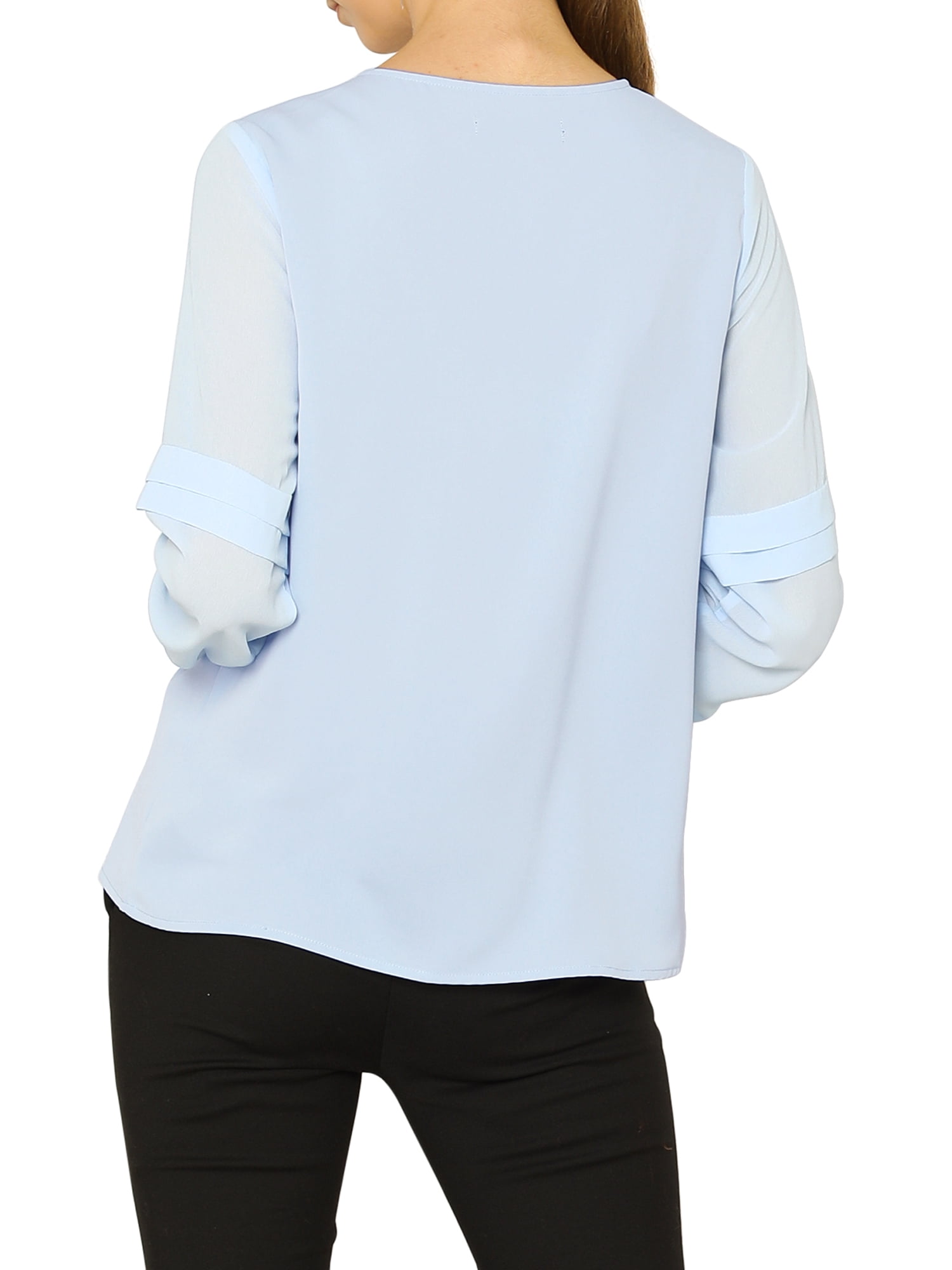 DARING DIVA Chiffon Semi Sheer Long Sleeves Keyhole Neck Blouse XL Light Blue