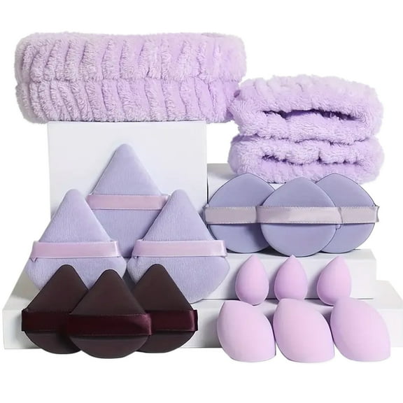 FORICOM Makeup Powder Puff & Hairband Wristband Set, 18 Pieces Professional Makeup Tools Set, Suitable for Beginners & Professionals, A Must Have for Women's Dressing Table(Purple)