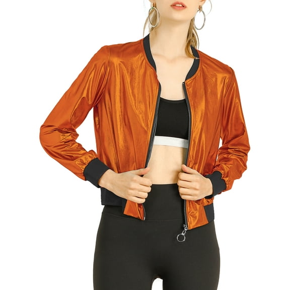 INSPIRE CHIC Women's Casual Stand Collar Metallic Zip Crop Length Bomber Jacket M Orange