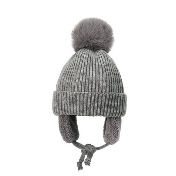 AMERTEER Winter Kids Hat with Plush Ear Flap Knitting Thick Beanie Cap Rib Cuff Pom Lined Warm Hat Gift for Christmas Year‘s