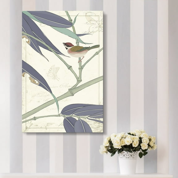 wall26 Canvas Wall Art - Vintage Style Bird Standing on Bamboo Branch Floral Background - Giclee Print Gallery Wrap Modern Home Art Ready to Hang - 16x24 inches