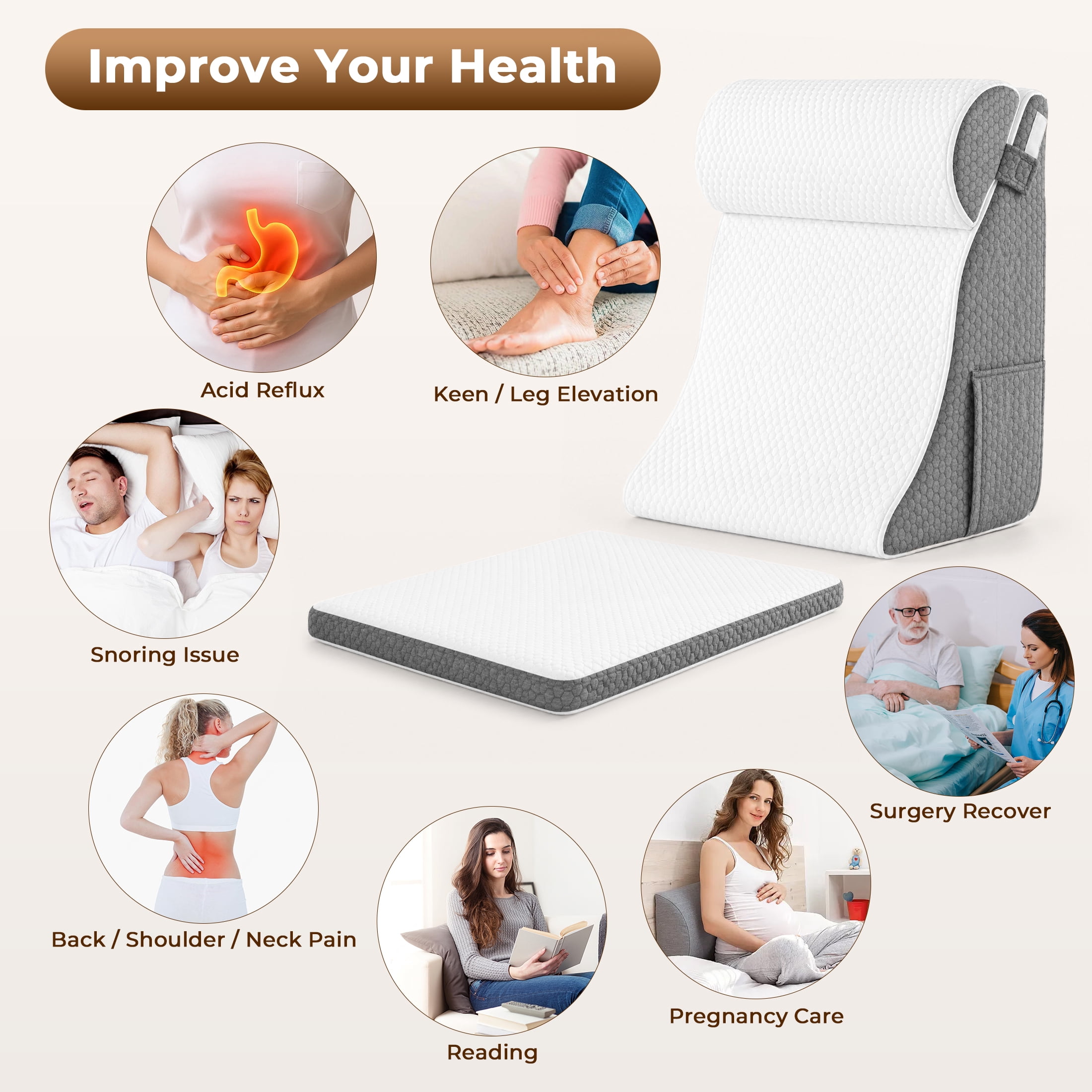WANALIT Wedge Pillow for Sleeping Apnea, Bed Wedge Pillow for Headboard, Orthopedic Wedge Pillow Set for After Surgery Back Pain Relief, Acid Reflux Relief