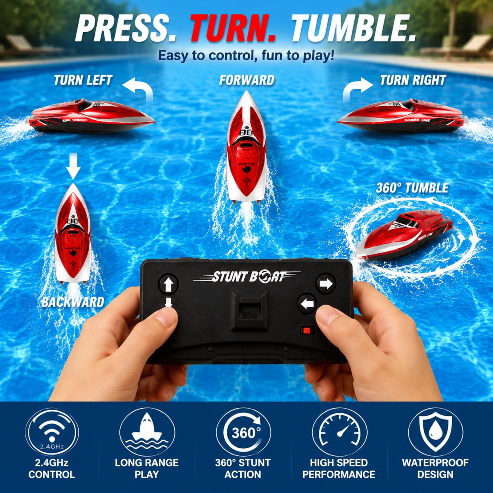 Funtogether toys Mini RC Boat 2.4Ghz Remote Control Watercraft with Rechargeable Battery, Red