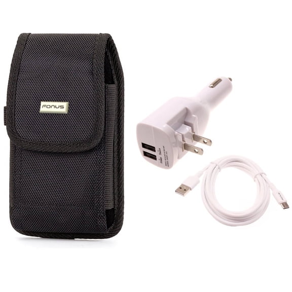 2-in-1 Car Home Charger & Case Belt Clip for iPhone 15 Pro - 6ft Long USB-C Cable TYPE-C Cord Travel Power Adapter Charging Wire and Rugged Holster Canvas Cover R7O for iPhone 15 Pro (6.1")