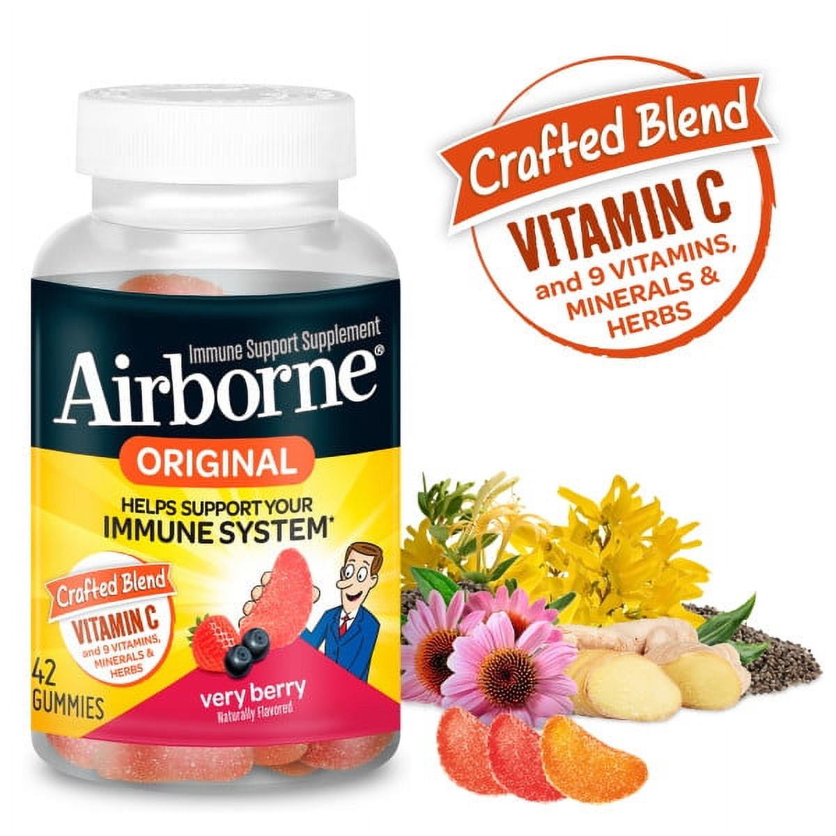 Airborne Mixed Berry Flavored Gummies - 1000mg of Vitamin C and Minerals & Herbs Immune Support, 42 count