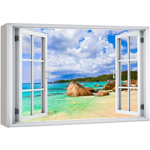 wall26 Canvas Print Wall Art Window View Neon Tropical Teal Beach Shore Paradise Wilderness Nature Photography Realism Scenic Landscape Colorful Multicolor for Living Room, Bedroom, Office - 16"