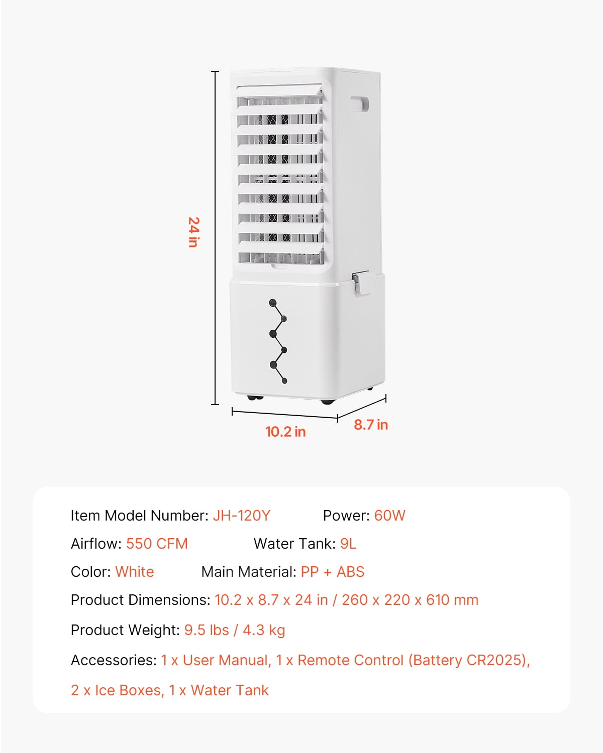VEVOR Portable Air Conditioner, 9L 550 CFM Swamp Cooler Air Conditioner with 12H Timer & Remote Control,3-Speed Evaporative Air Cooler with 2 Ice Boxes,Quiet & Movable,Ideal for Outdoor Indoor Use