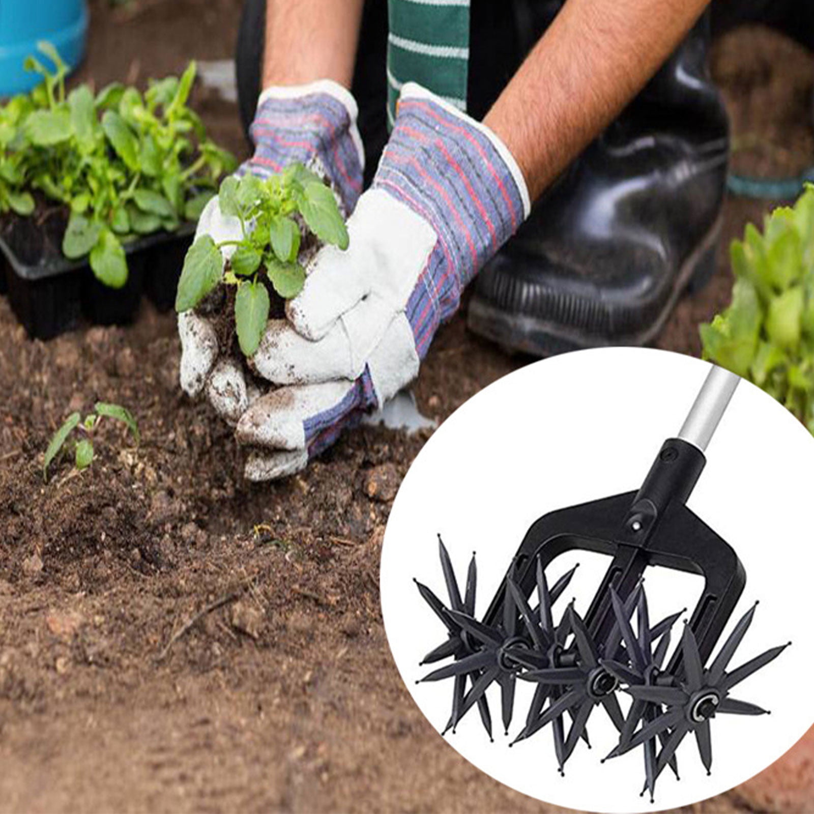 Lolmot Gardening Rotary Tiller manual Cultivator hand Held Garden Cultivator With Detachable Tines Reseeding Grass Or Terra Mixing Without Pole Blac