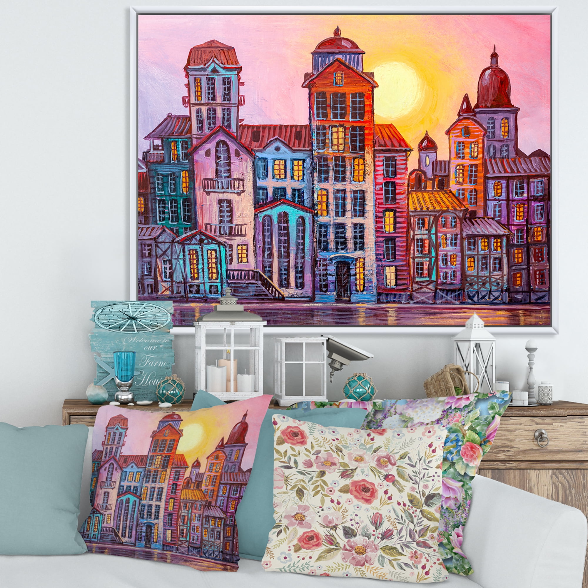 Designart 'Afternoon Street Scene In Old Town With Colorful Buildings' Mid-Century Modern Framed Canvas Wall Art Print