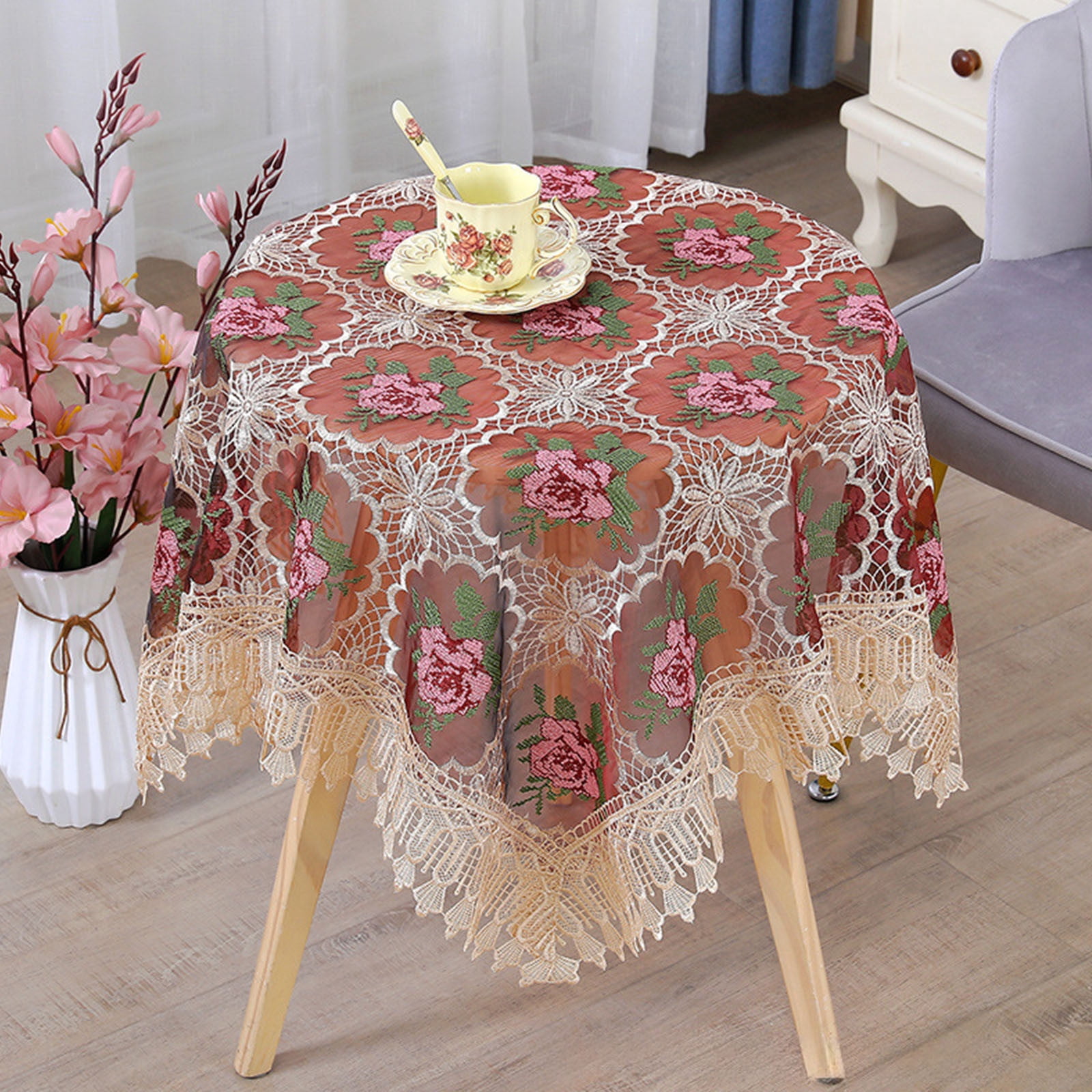 36 Inch Round Lace Tablecloth - Brown With Pink Floral Embroidered Design For Dining, Weddings, Cafe