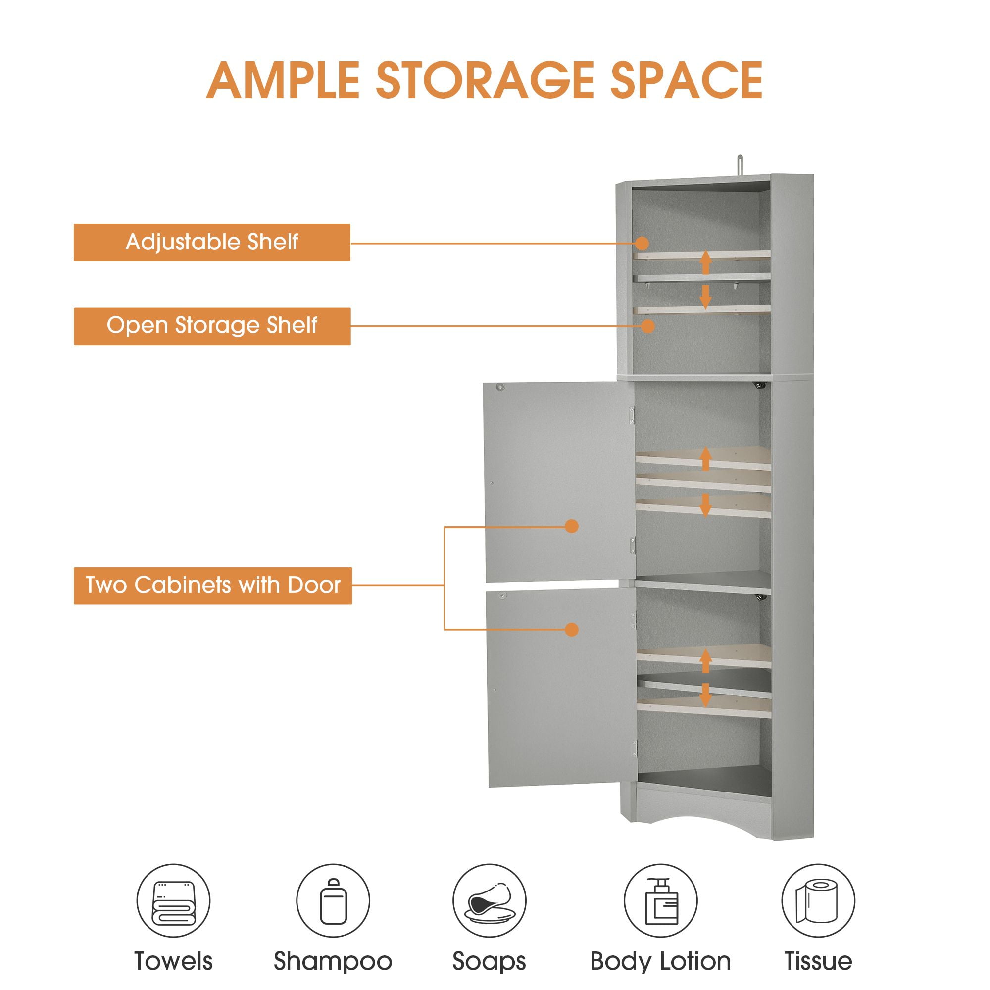 DEALTOPS Modern Tall Corner Cabinet, Freestanding Storage Cabinet with Adjustable Shelves, Gray