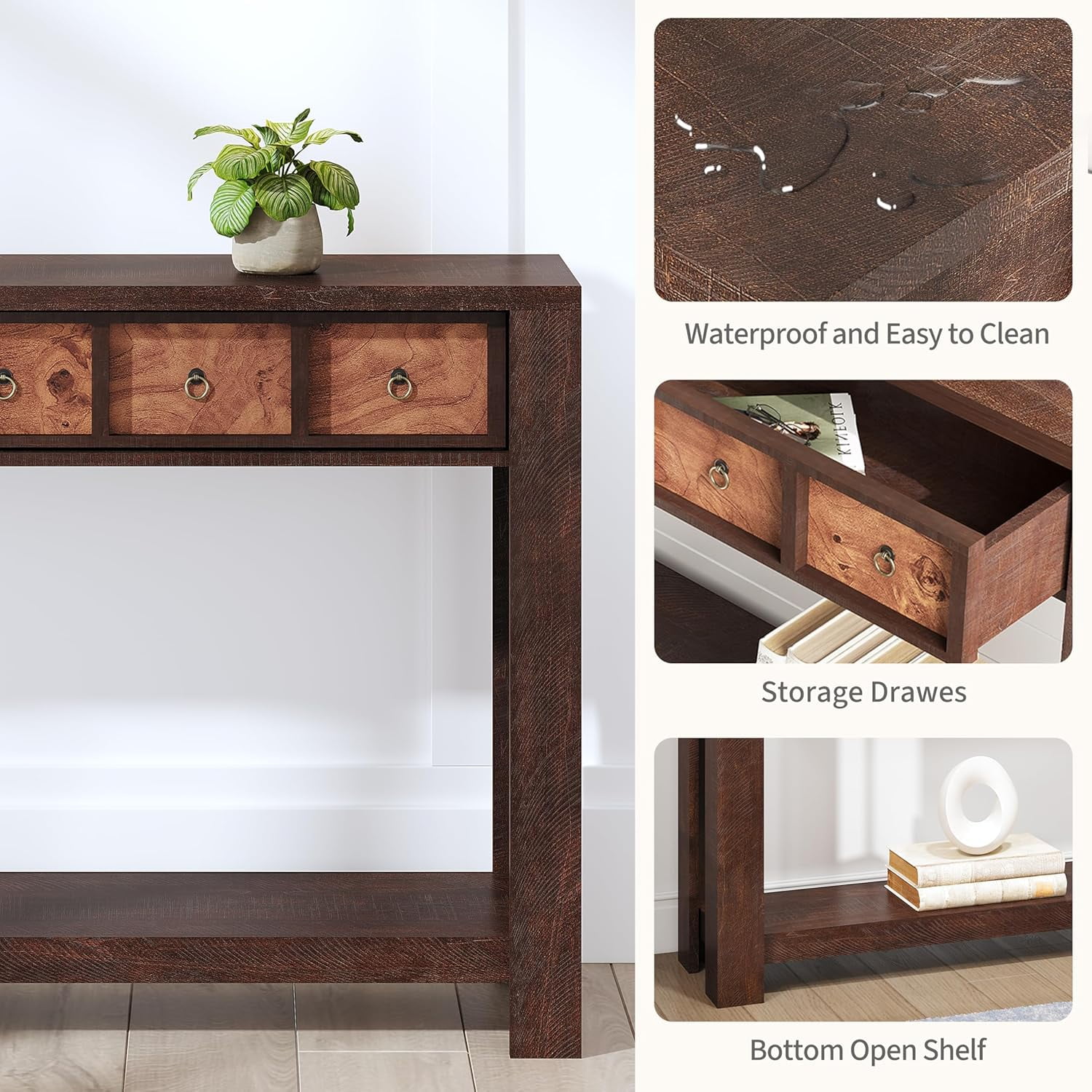 Entryway Table, 59" Console Table Narrow Sofa Table Behind Couch, Farmhouse Entry Table with 2 Drawers, 2-Tier Open Shelf Hallway Foyer Table, Reinforced l-Shape Legs, Color Blocking