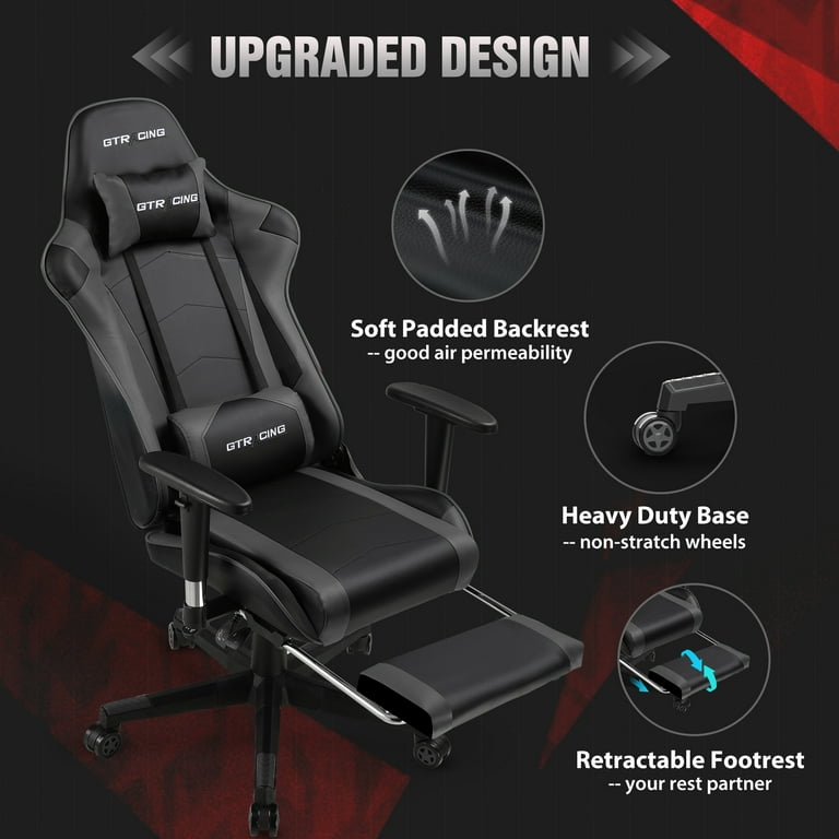 GTRACING Gaming Chair Office Chair PU Leather with Footrest Adjustable Headrest Black