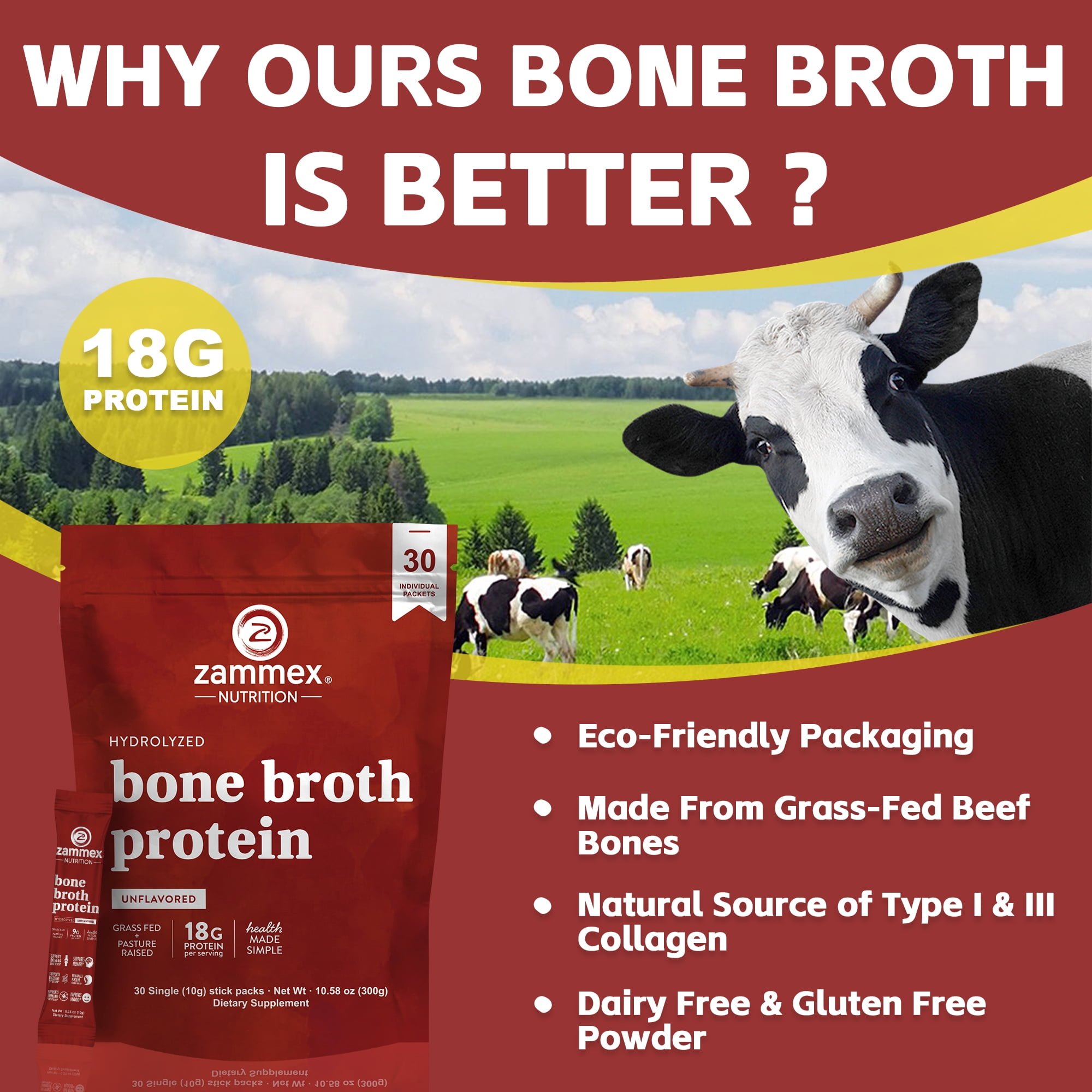 Zammex Bone Broth Protein Powder Travel Packets, Natural Flavor Grass Fed Beef Bone Broth, Hydrolyzed  collagen Type I & III, 30 packs