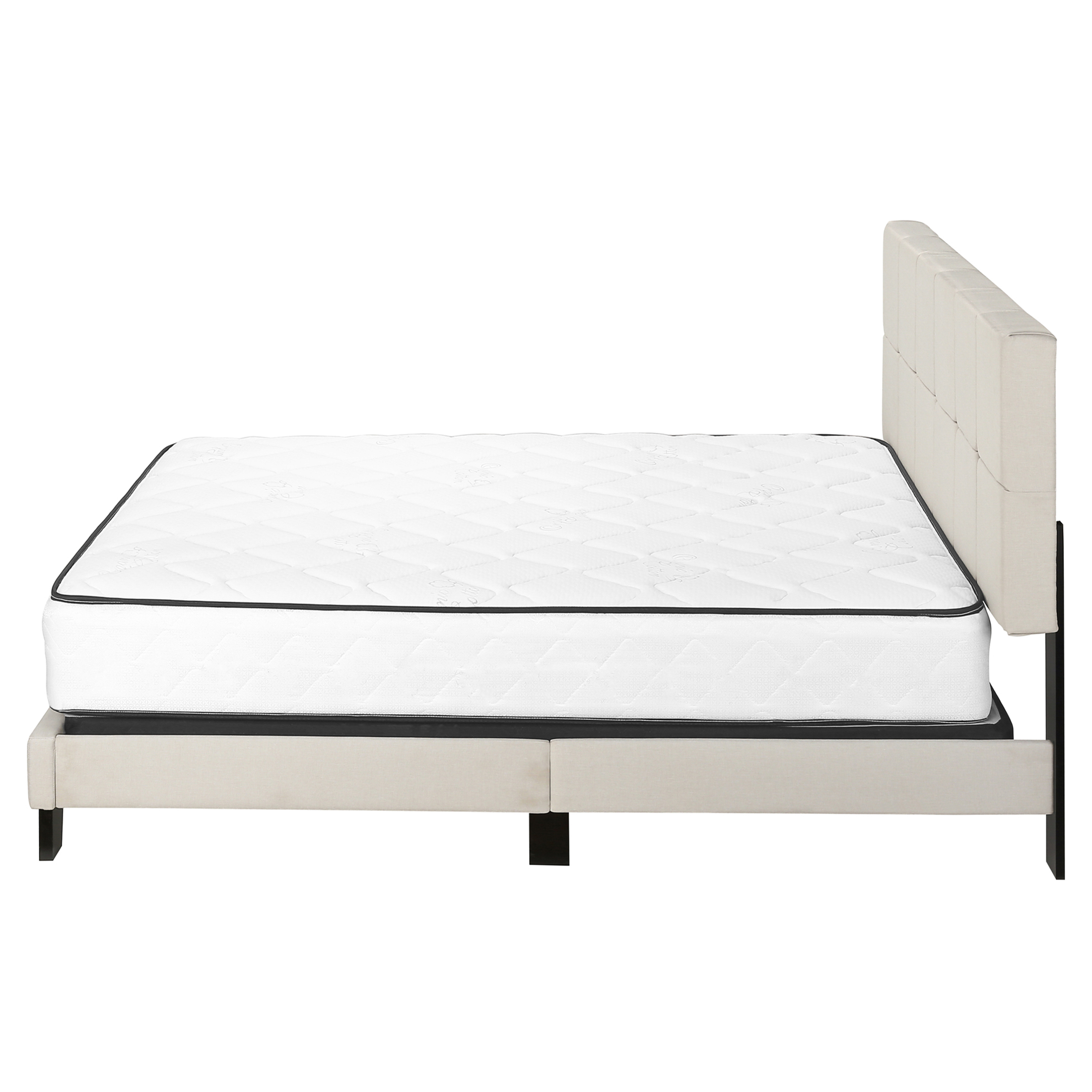 JERFIT Queen Upholstered Platform Bed Frame with Button Tufted Headboard, Beige Linen Fabric, Solid Wood Legs Support