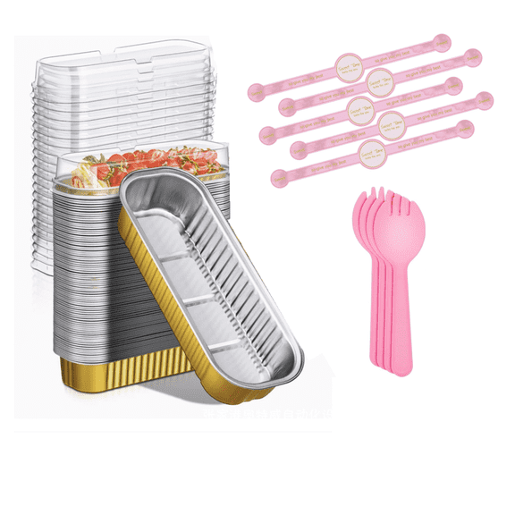 Naisfei 50 Pcs Mini Loaf Pans with Lids and Spoons, 6.8oz Rectangle Aluminum Foil Baking Pans, Reusable Bread Containers, for Large Gatherings Picnics Vacations Parties