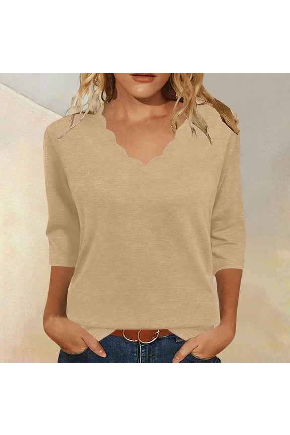Women's Casual Relaxed Blouse, Wave-Shaped Neckline Three Quarter Sleeve Top, Breathable Lightweight Fashion Tops for Daily Wear