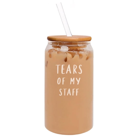 16oz Can Shaped Glass Iced Coffee Cup with Bamboo Lid and Straw Gift Tears Of My Staff Funny For Boss