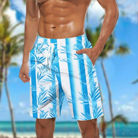 ZRGHAOYLQ Blue Striped Beach Shorts for Men Summer Mens Quick Dry 5 Inch Swim Trunks Plus Size Shorts With Pockets and Elastic Waistband Hawaiian Outdoor Sports Short Pants