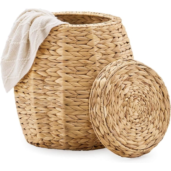 Round Wicker Basket with Lid, Handwoven Water Hyacinth Storage Basket for Blankets, Bathroom, Bedroom, Living Room, Office