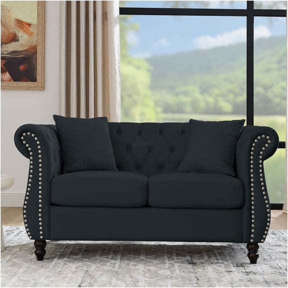 JERFIT 58.8" Modern Chesterfield Sofa for Living Room, Velvet Upholstered 2-Seater Couch with Tufted Back and Rolled Arms, Nailhead Trim Accent