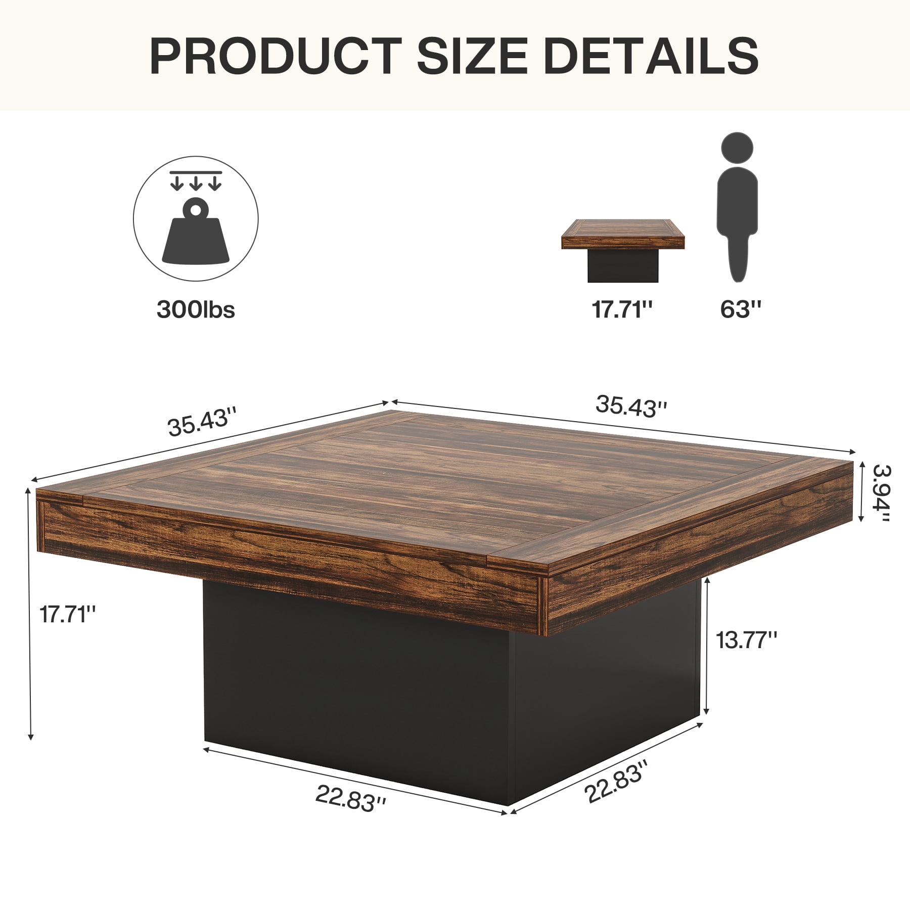 Fnova 36" Farmhouse Coffee Table with LED Lights, Rustic Wood Coffee Table for Living Room, Dark Brown and Black