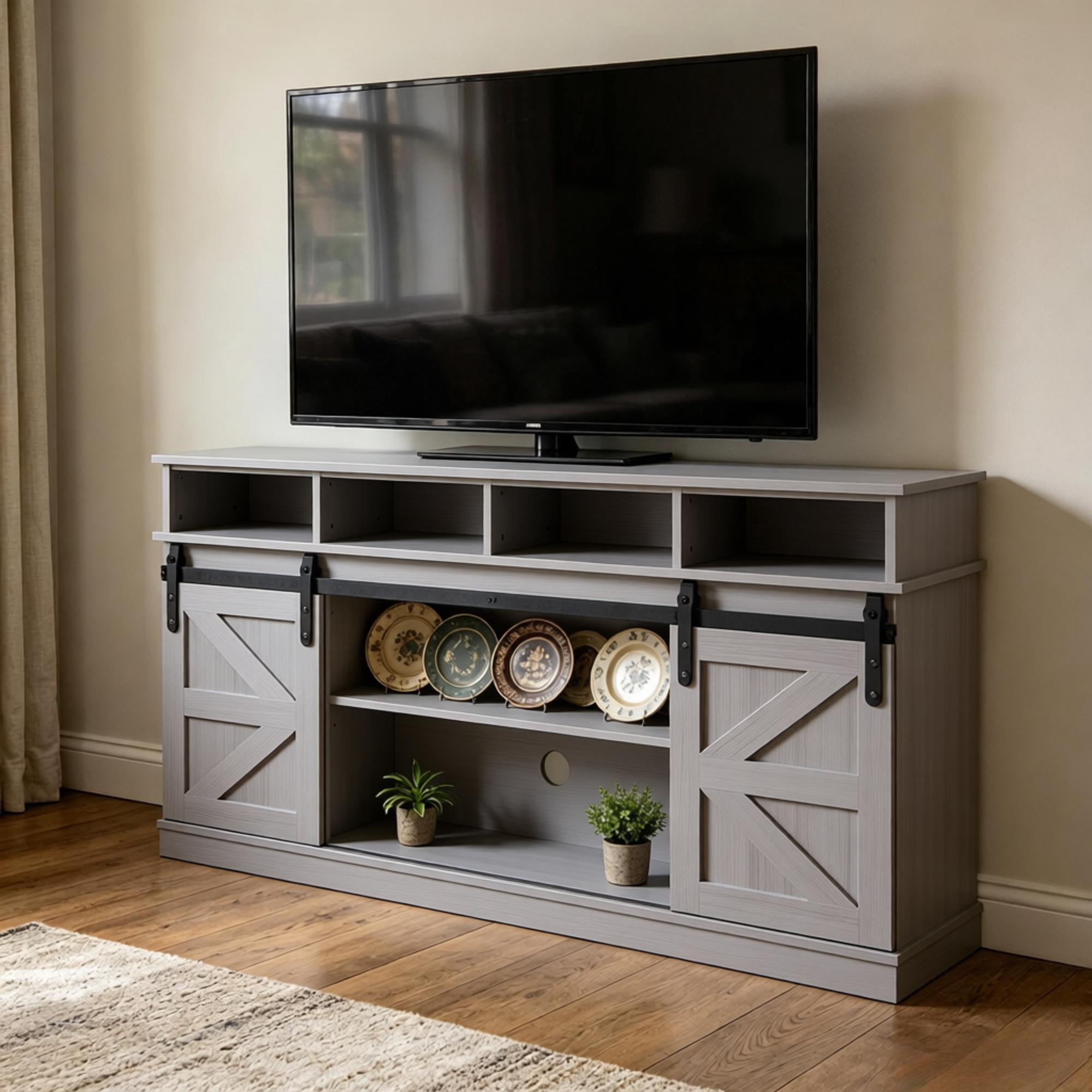 Howcool Farmhouse Sliding Barn Door TV Stand, Wood Entertainment Center Storage Cabinet with Adjustable Shelves, Media Console Table for Living Room, Fits Up to 65" TVs