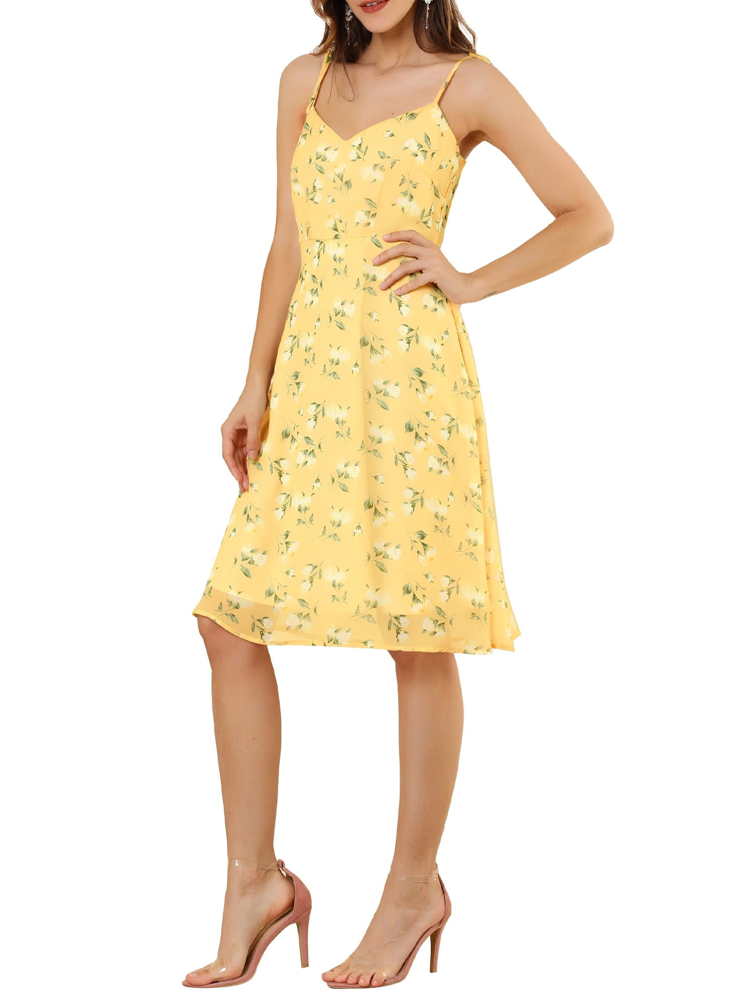 DARING DIVA Spaghetti Strap Summer Floral Print Midi Dress XS Yellow