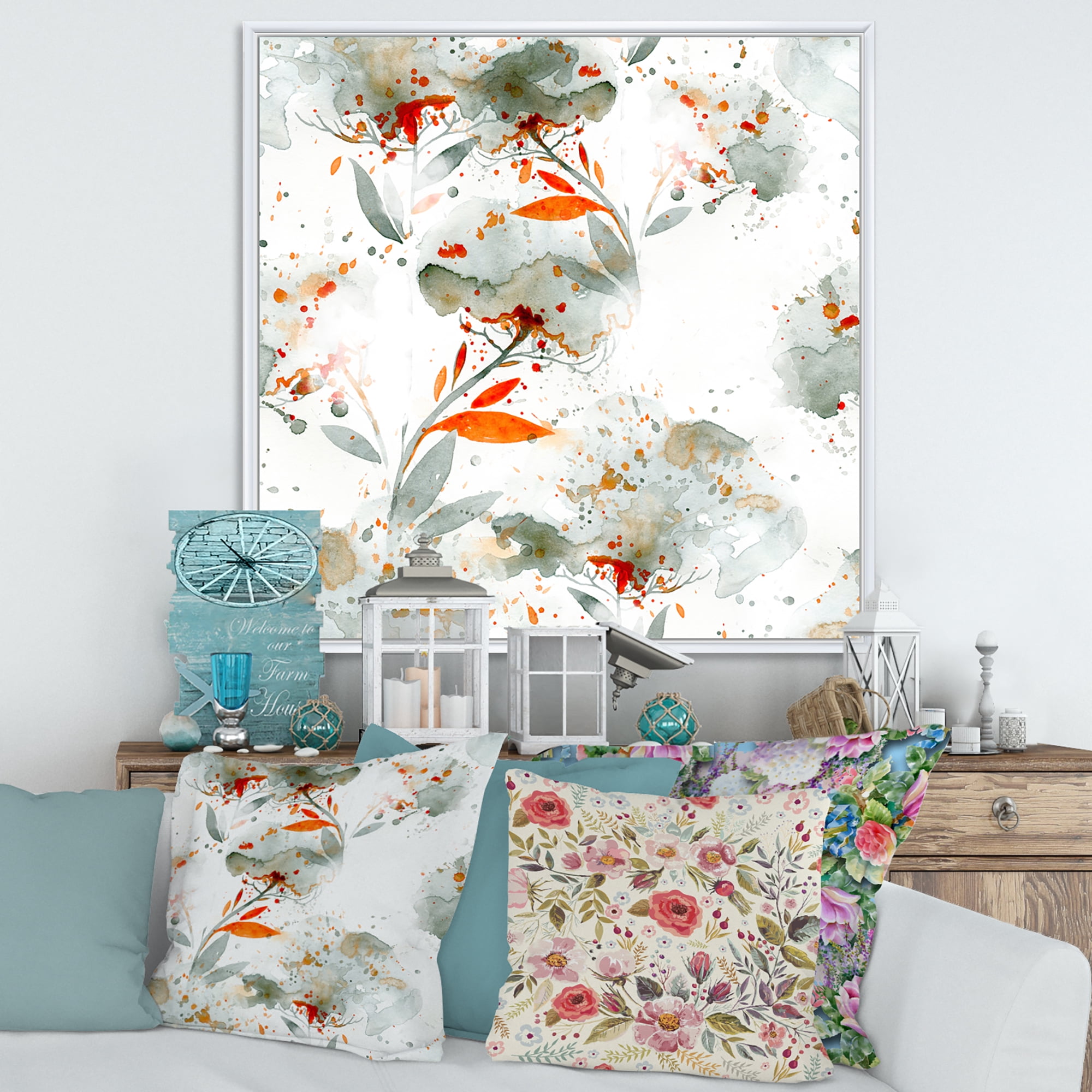 Designart 'Orange and Green Wildflowers I' Modern Framed Canvas Wall Art Print