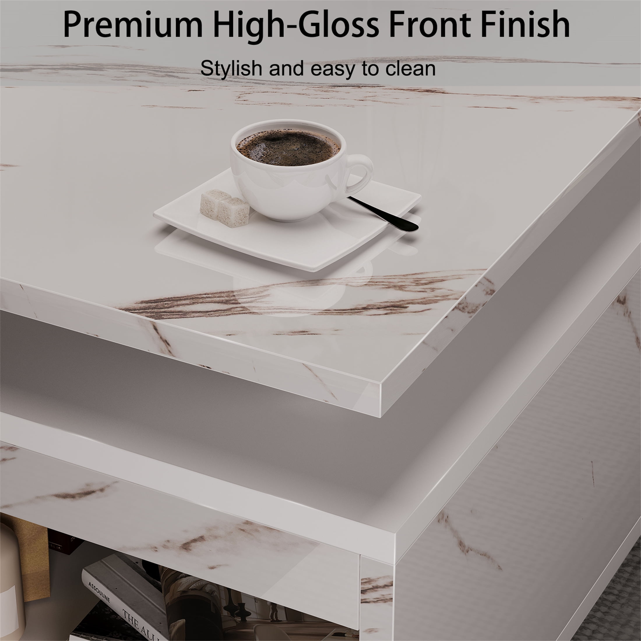 Yeahumalia Modern LED Coffee Table with Bluetooth Speaker, Wireless Charging, and Storage Organizer, White