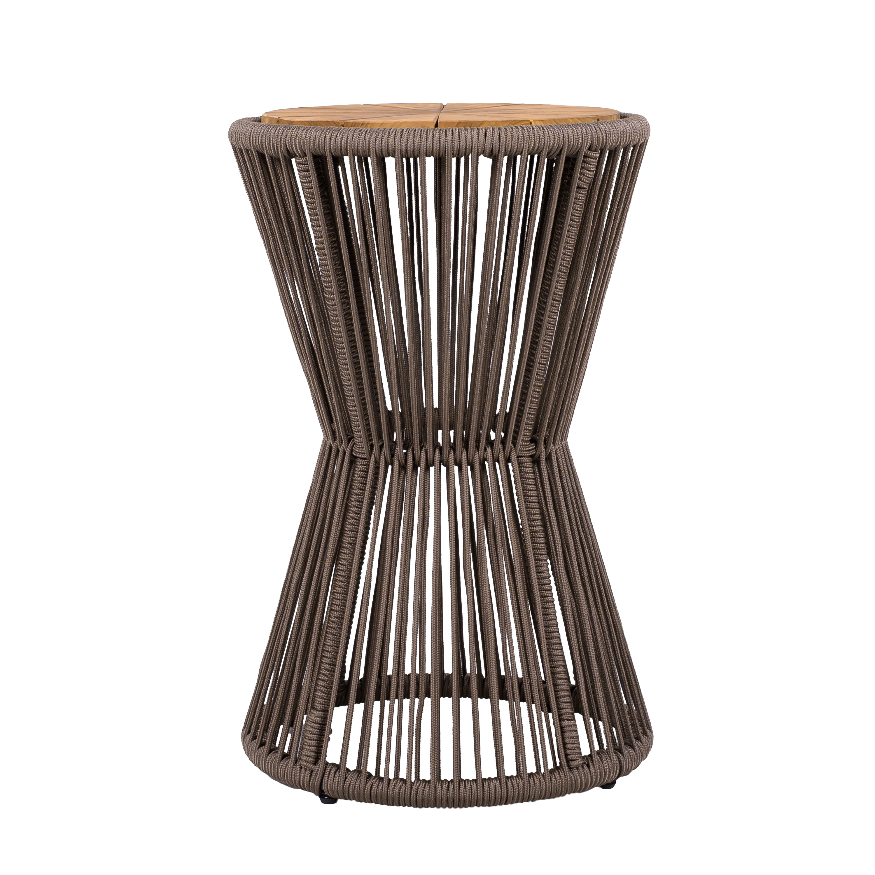 Side Table, Outdoor Dark Grey Rope and Acacia Wood Hourglass Design Table for Patio Deck, Teak