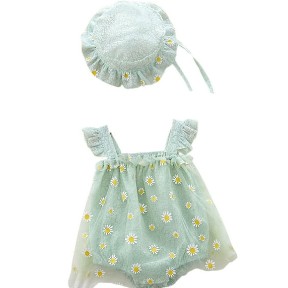 Newborn Onesies Girl Baby Newborn Girls Summer Flutter Sleeve Floral Romper Dress with Sun Hat 2 Piece Outfit Newborn Onesie Green 3 Months-6 Months