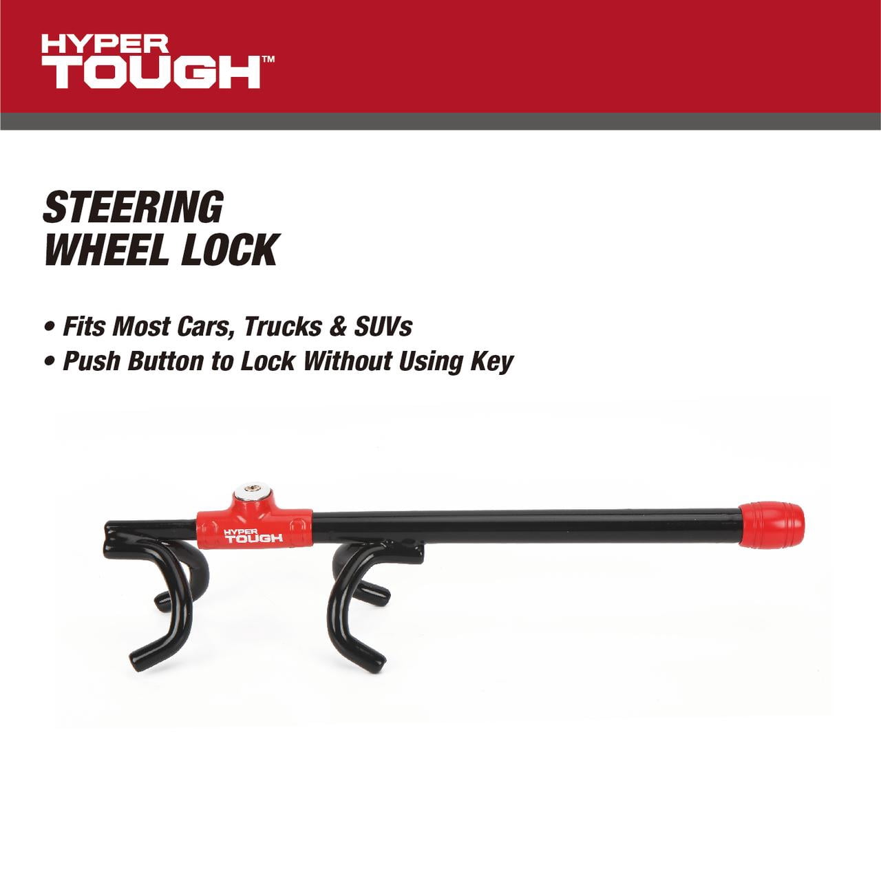 Hyper Tough Universal Steering Wheel Lock Anti-Theft Car, Truck, Van and SUV Lock, Red, Black