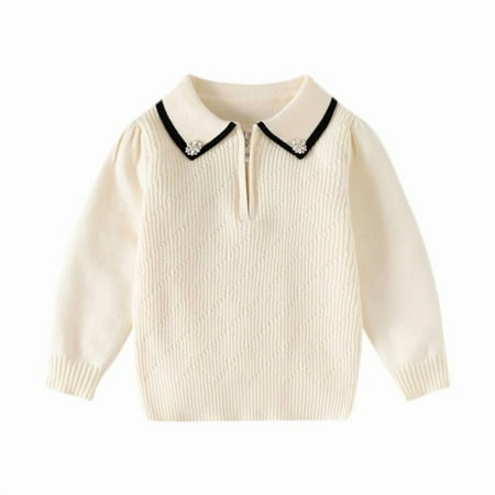 Cethrio Girls Collared Sweaters Stretchy Casual Knitting Cotton Pullover Kids Sweaters Beige Size 6