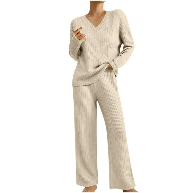 UAMVSH Womens 2 Piece Set Textured Long Sleeve Tops Wide Leg Pants Matching Set Soft Warm V Neck Loungewear Fall Winter Outfits