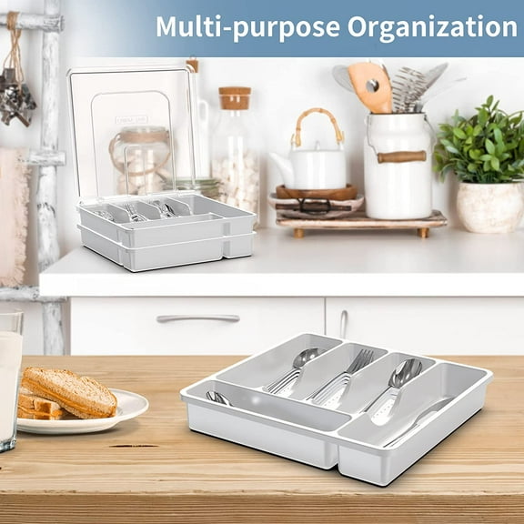 2 Layer Large Silverware Tray with Lid, Stackable Utensil Organizer for Countertop, Removable Tray for Flatware Organizer, White
