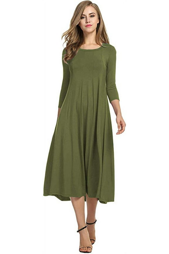 Women's 3/4 Sleeve A-line and Flare Midi Long Dress